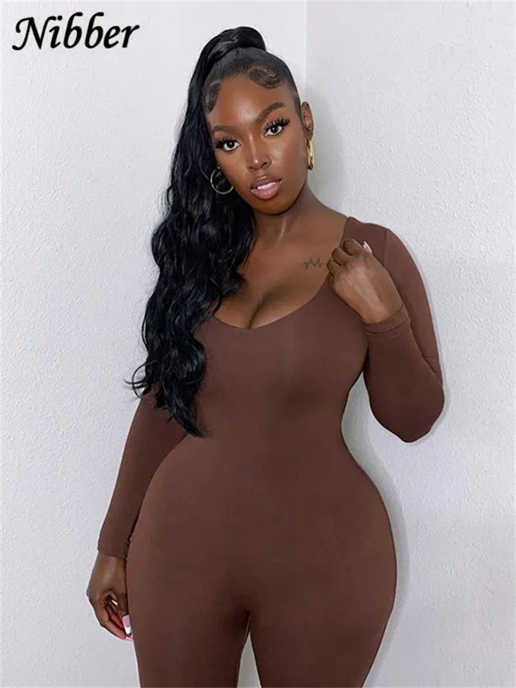 Nibber Basic Bodycon Jumpsuit For Women‘s Clothing Casual Brown Fitness Rompers Y2K Playsuit Activity Streetwear Overalls