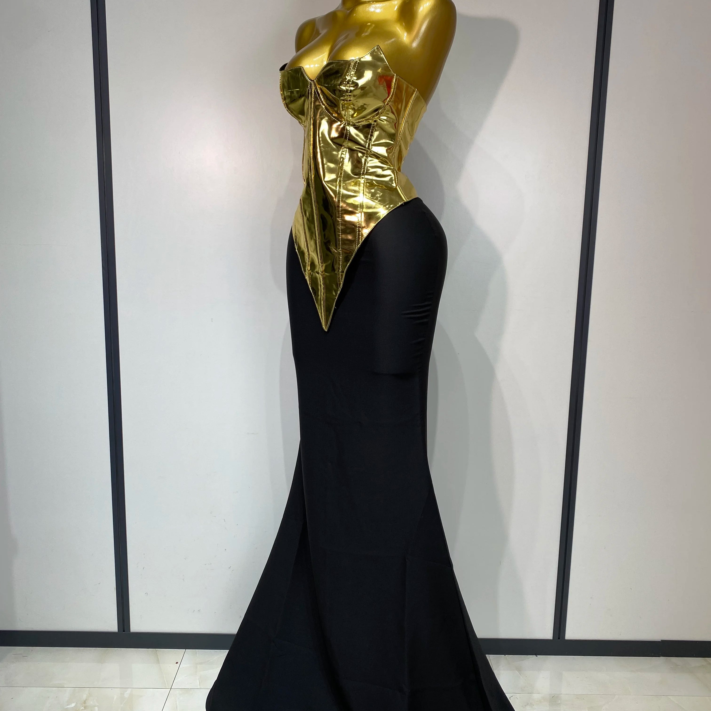 High Quality Women Sexy Strapless Gold Two Piece Set Celebrity Elegant Evening Party Maxi Skirt Suit Luxury Birthday Club Gown