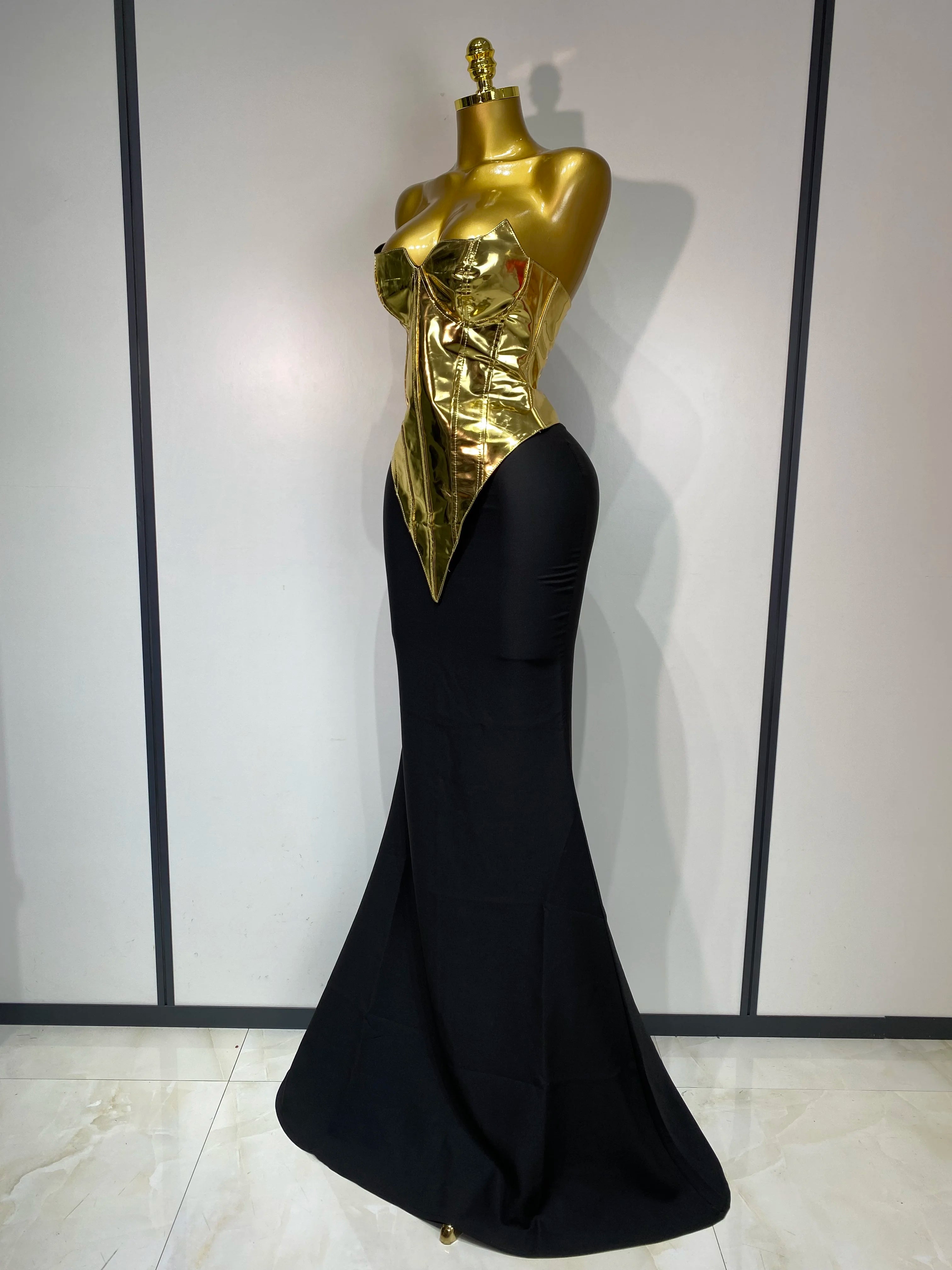 High Quality Women Sexy Strapless Gold Two Piece Set Celebrity Elegant Evening Party Maxi Skirt Suit Luxury Birthday Club Gown