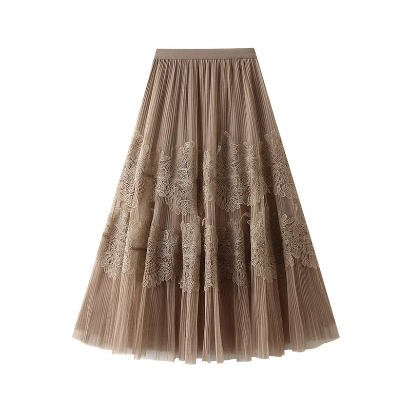 UCXQ New Products Sweet Cake Spliced Skirt Lace Pleated Mesh Large Hem A-line Skirts For Women New Spring Autumn 23A7001 Khaki One Size
