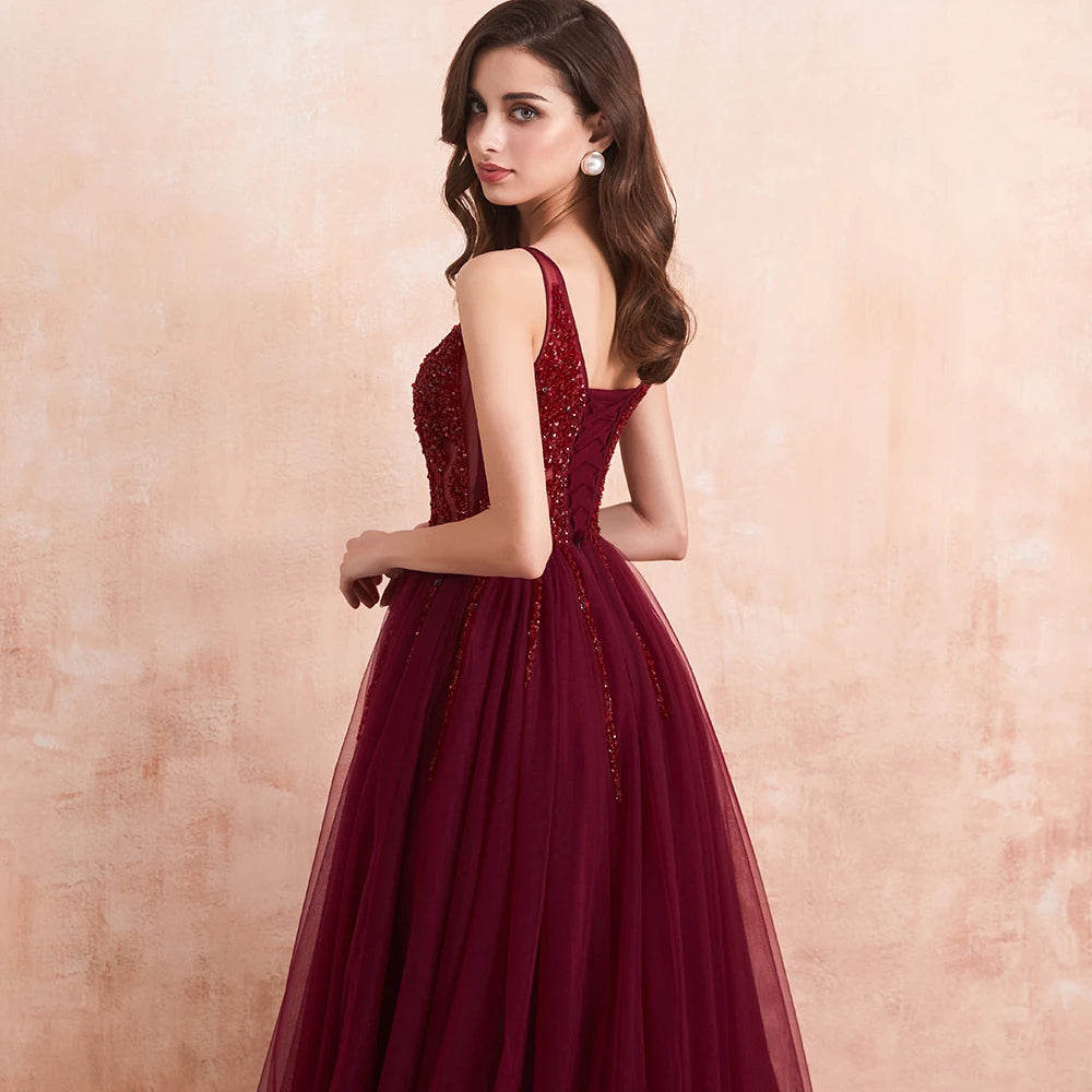 Gorgeous Evening Dresses for Women Sexy Dark Burgundy V Neck Crystal Beaded Beads Drawstring Formal Prom Gown