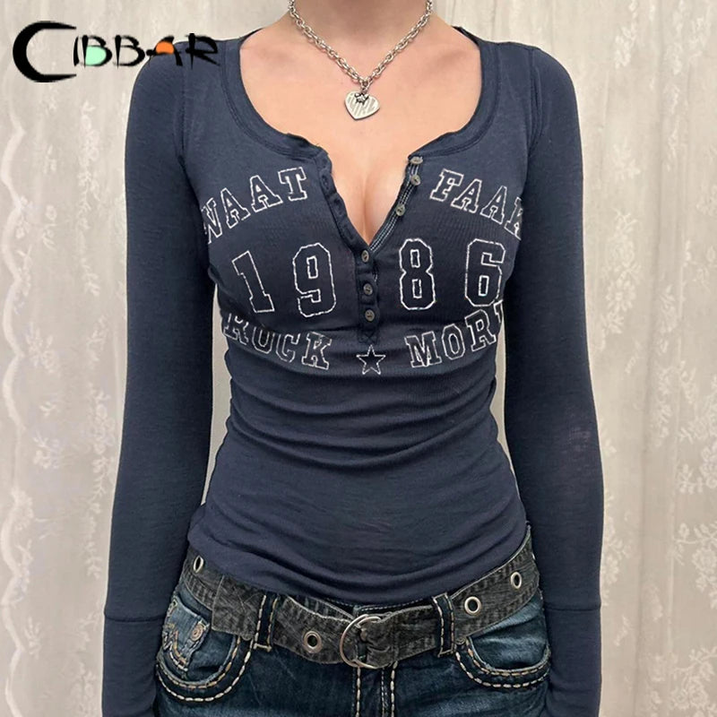 Vintage Letter Print Crop Top Women Retro Grunge Button V Neck Full Sleeve T Shirt Autumn Winter Basic Tee Femme Clothing