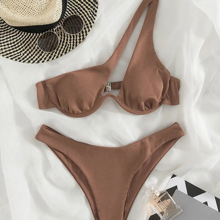Sexy Bikinis Swimsuits Cut Out Women's Swimwear 2023 One Shoulder Biquini High Cut Bathing Suits Push Up Beach Bikini Set Brown