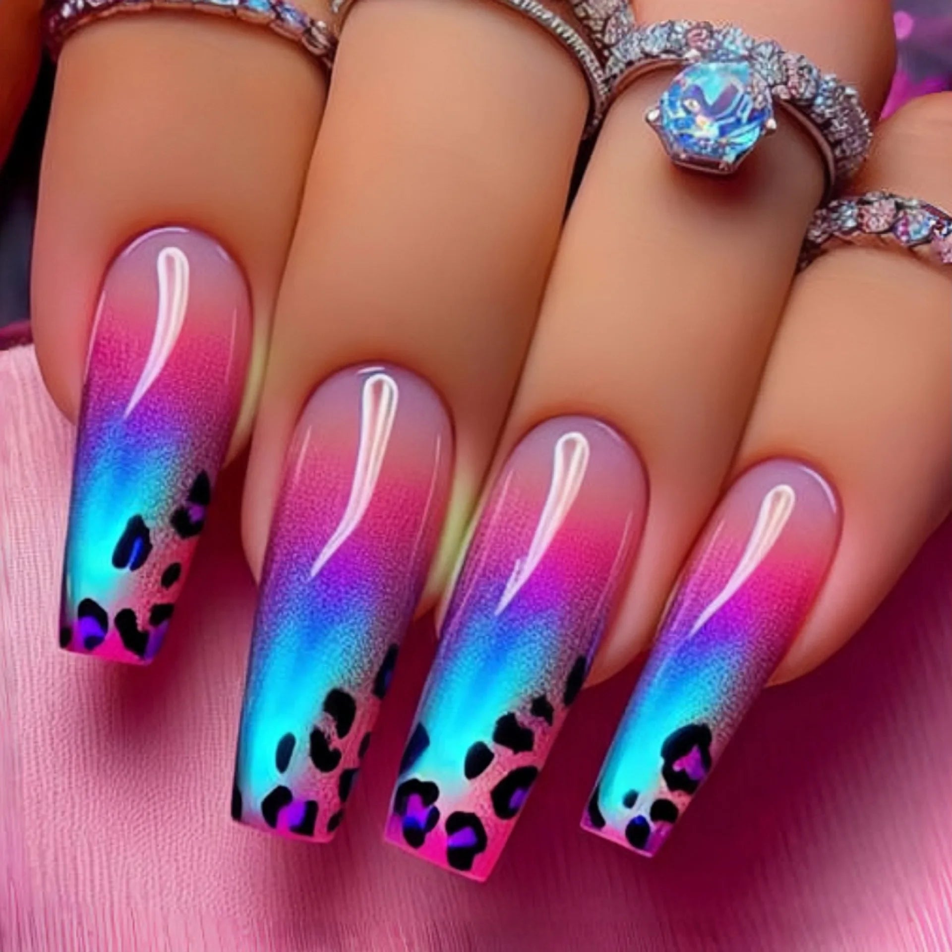 24pcs/set Short medium long fake nails colorful gradient Y2K sunset heart leopard print square ballet tips press on false nail