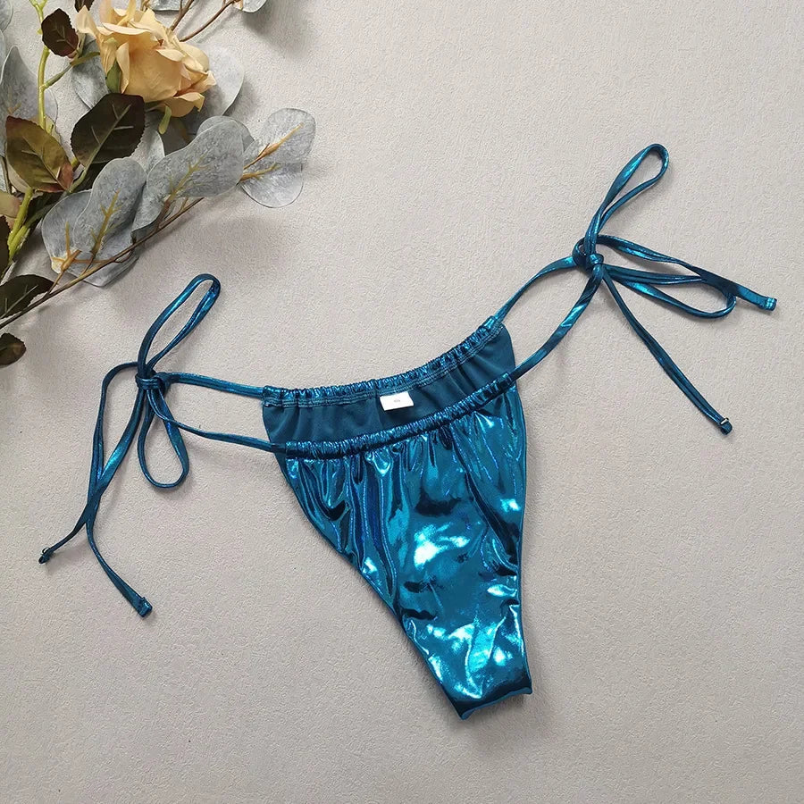 Gem Blue Glossy Bikini Women's Clothing Swimsuit Summer Beach Vacation Outfits Thong Bathing Suit Bandeau Backless Swimwear