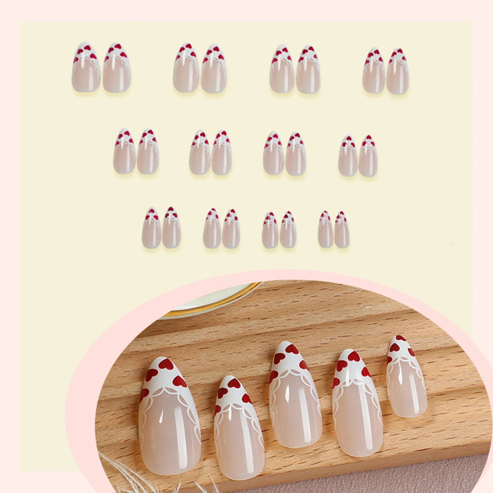Gentle Women Almond Fake Nails 24Pcs White French Press on Nails Red Love Heart Printed Valentine's Day Charm Manicure Nails Art