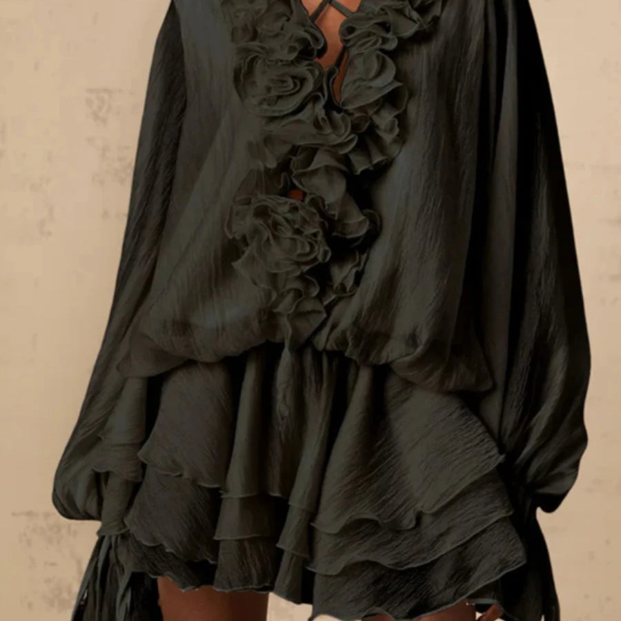 TWOTWINSTYLE Solid Loose Spliced 3D Flowers Dresses for Women V Neck Long Sleeves Patchwork Ruffles Fold Dress Female Clothing