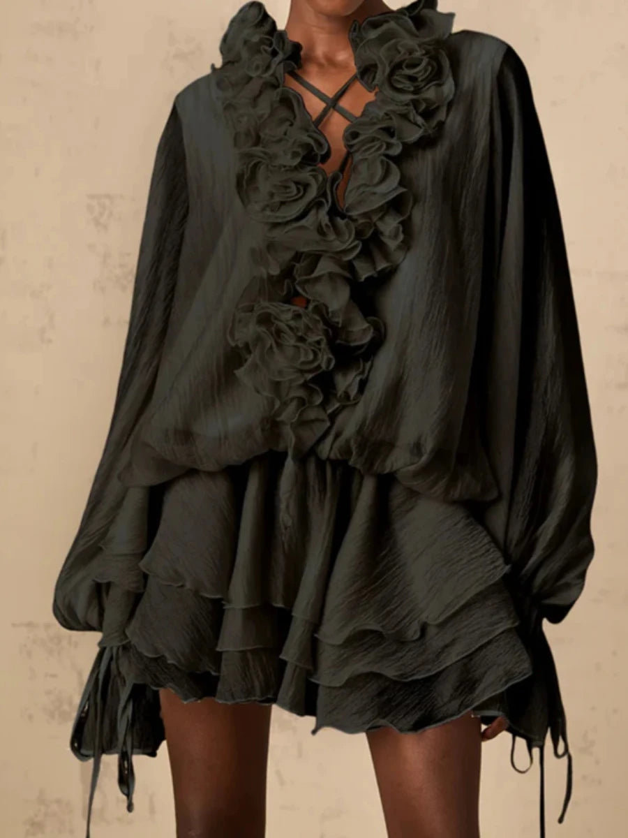 TWOTWINSTYLE Solid Loose Spliced 3D Flowers Dresses for Women V Neck Long Sleeves Patchwork Ruffles Fold Dress Female Clothing