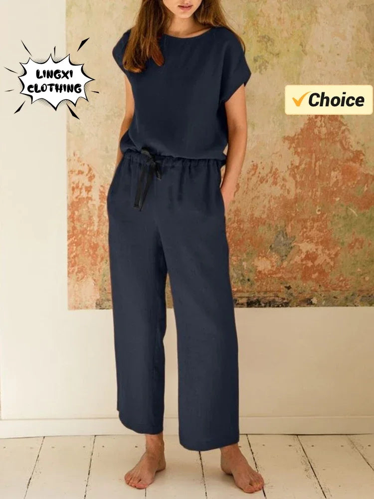 2024 New Matching Series Plus Size Women's Clothing Set Fashion Cotton and Hemp Short Sleeved Shirt Wide Leg Pants Two Piece Set