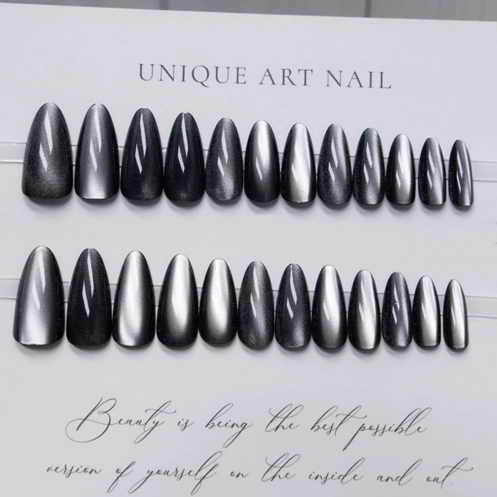 Glossy Cat Eyes Fake Nails Full Cover Almond Black Press on Nail Women Girls DIY Manicure Simple Wearable False Nails Tips 24Pcs