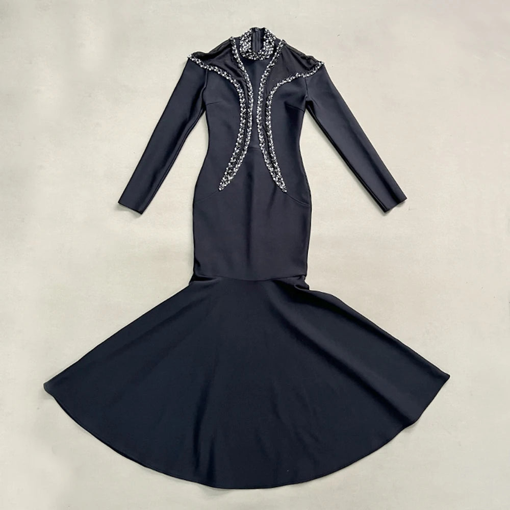 Newest Fashion 2025 Designer Party Vestido Women'S Diamonds Mesh Long Sleeves Bodycon Mermaid Long Maxi Dress