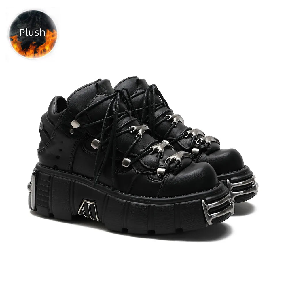 U-DOUBLE Brand Punk Style Women Shoes Lace-up heel height 6CM Platform Shoes Woman Gothic Ankle Boots Metal Decor Woman Sneakers Black with Plush