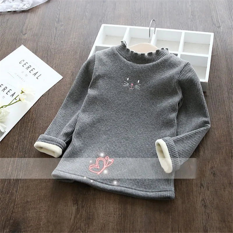 Fashion Girls Sweaters 2024 Winter Children Clothes Cartoon Kids Tops Warm Velvet Thick Kids Sweater Girls Outwear Sweater GRAY