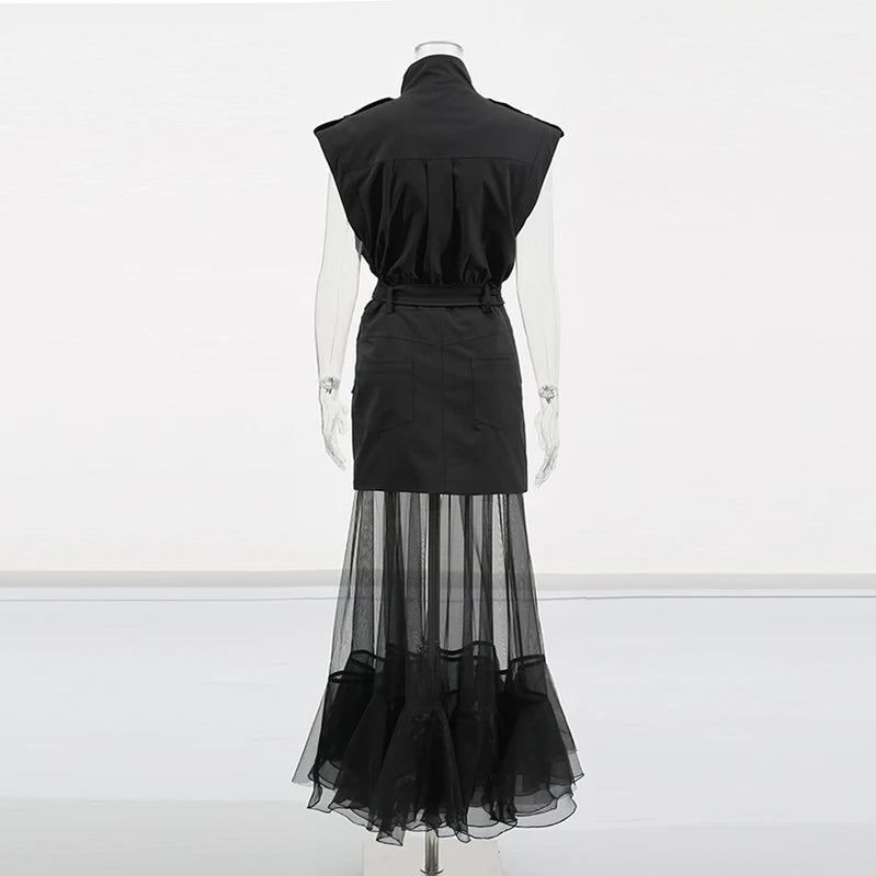 TWOTWINSTYLE Solid Sheer Spliced Mesh Folds Dress for Women Round Neck Sleeveless Patchwork Zipper elegant Dress Female Fashion