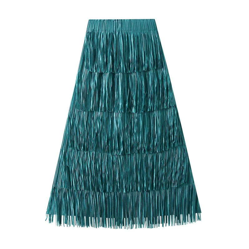 Pleated Tassel Long Skirts For Women High Waist Solid Color Stitching Elegant Party Clothing 2024 Summer Autumn Blue One Size