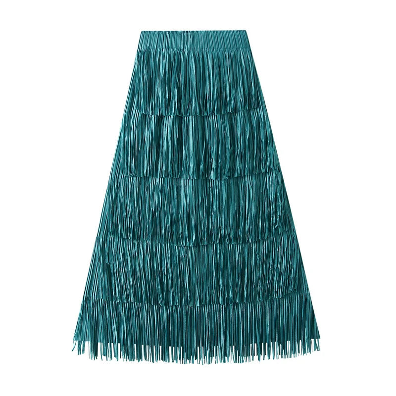 Pleated Tassel Long Skirts For Women High Waist Solid Color Stitching Elegant Party Clothing 2024 Summer Autumn Blue One Size