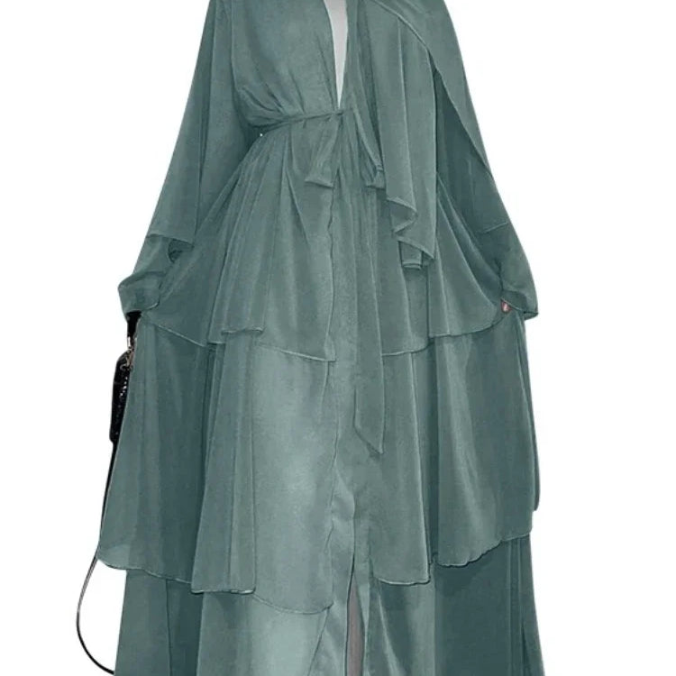 New In Women Abaya NO SCRARF(Encrypted Chiffon)Elegant Muslim Stitching Three Layer Abaya Ruffle Sleeves Cardigan Marocain Dress Mint Green
