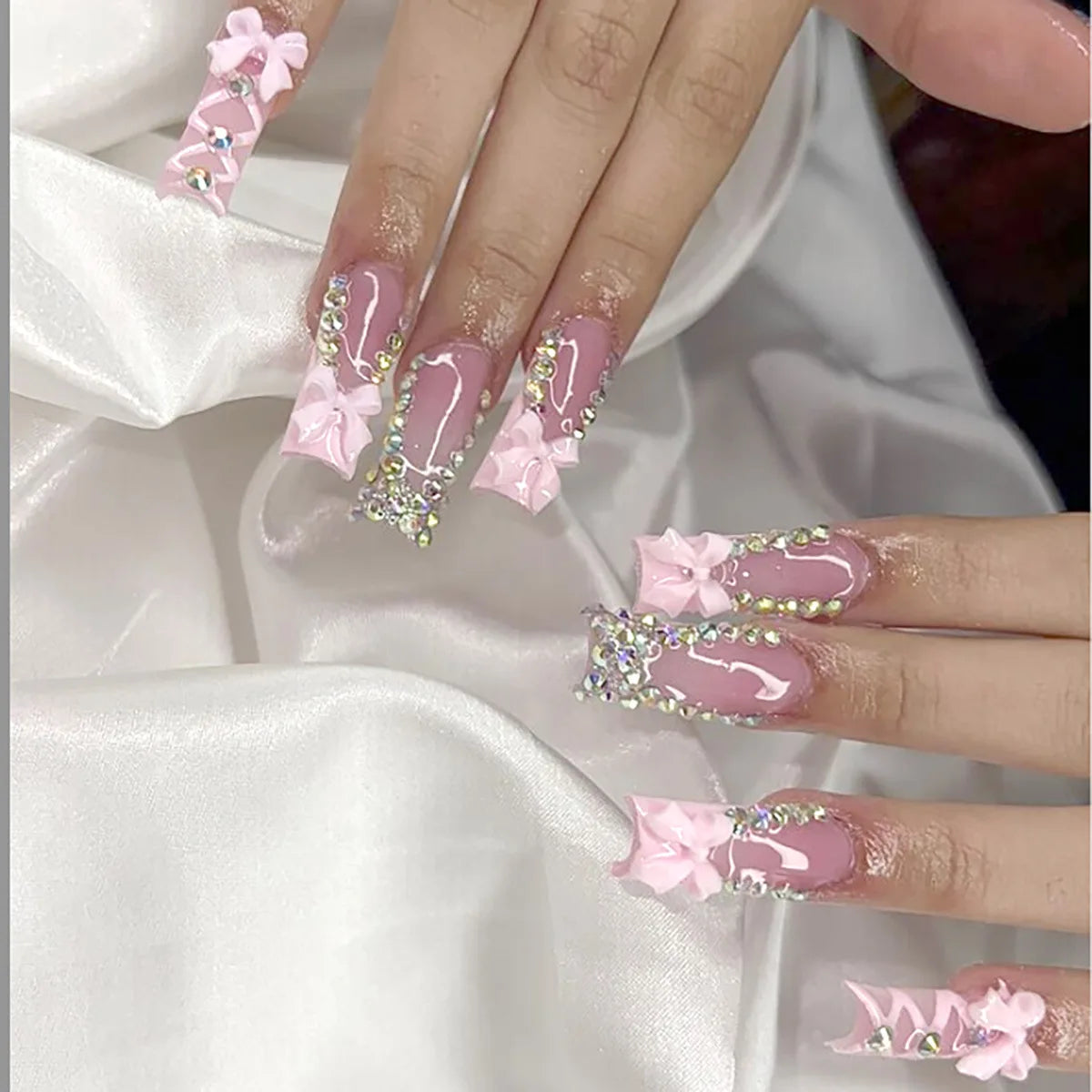 24Pcs Long Square Press on Nails Leopard Print French 3D Cherry Design False Nail Rhinestone Wearable Full Cover Fake Nails Tips