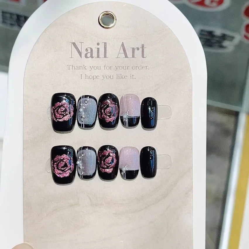 10Pcs Short Square Shimmery Rose Handmade False Nail Lovely Cat Eye Gel Nails with Glue Pearl French Press on Nail Manicure Tips