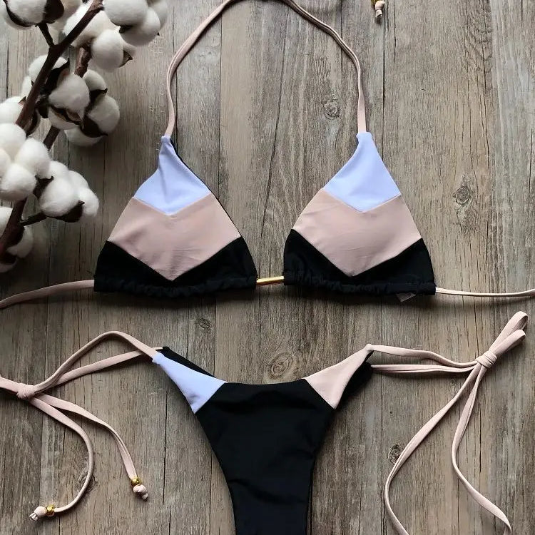 Sexy Halter Swimsuit Women Thong Micro Bikini Push Up 2023 Brazilian Bikini Tropical Plant Print Swimwear String Mini Swimsuit hei ka qi bai