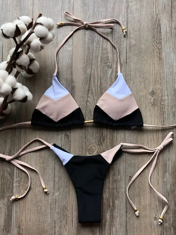 Sexy Halter Swimsuit Women Thong Micro Bikini Push Up 2023 Brazilian Bikini Tropical Plant Print Swimwear String Mini Swimsuit hei ka qi bai