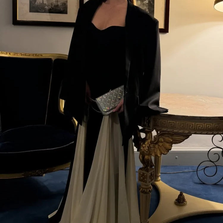 Fashion Contrasting Color Spaghetti Strap Dress For Women Elegant Gauze Backless A-line Long Dresses New Lady Party Evening Gown