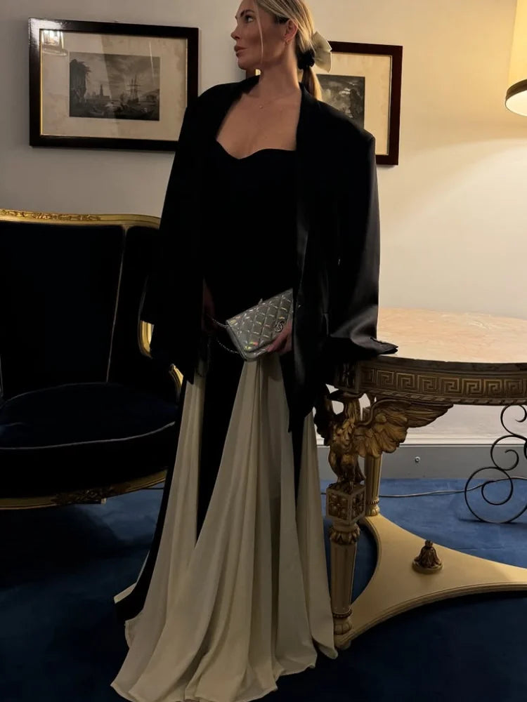 Fashion Contrasting Color Spaghetti Strap Dress For Women Elegant Gauze Backless A-line Long Dresses New Lady Party Evening Gown