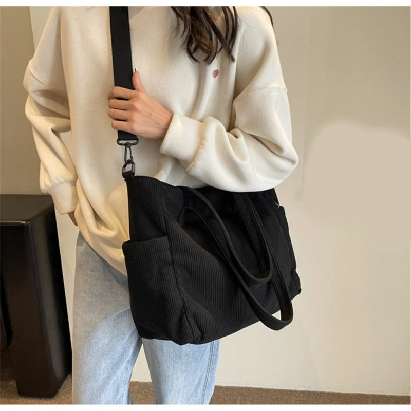 Women's Handbag Corduroy Shopper Shoulder Bag Casual Large Capacity Crossbody Bags College Student Bookbag Laptop Tote Bag