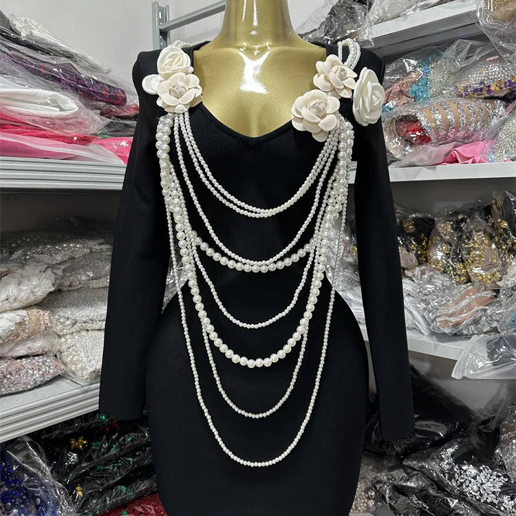 Black Color Women Long Sleeve Pearl Beading Bodycon Mini Bandage Dress Nightclub Party Celebrate Birthday Vacation Outfit