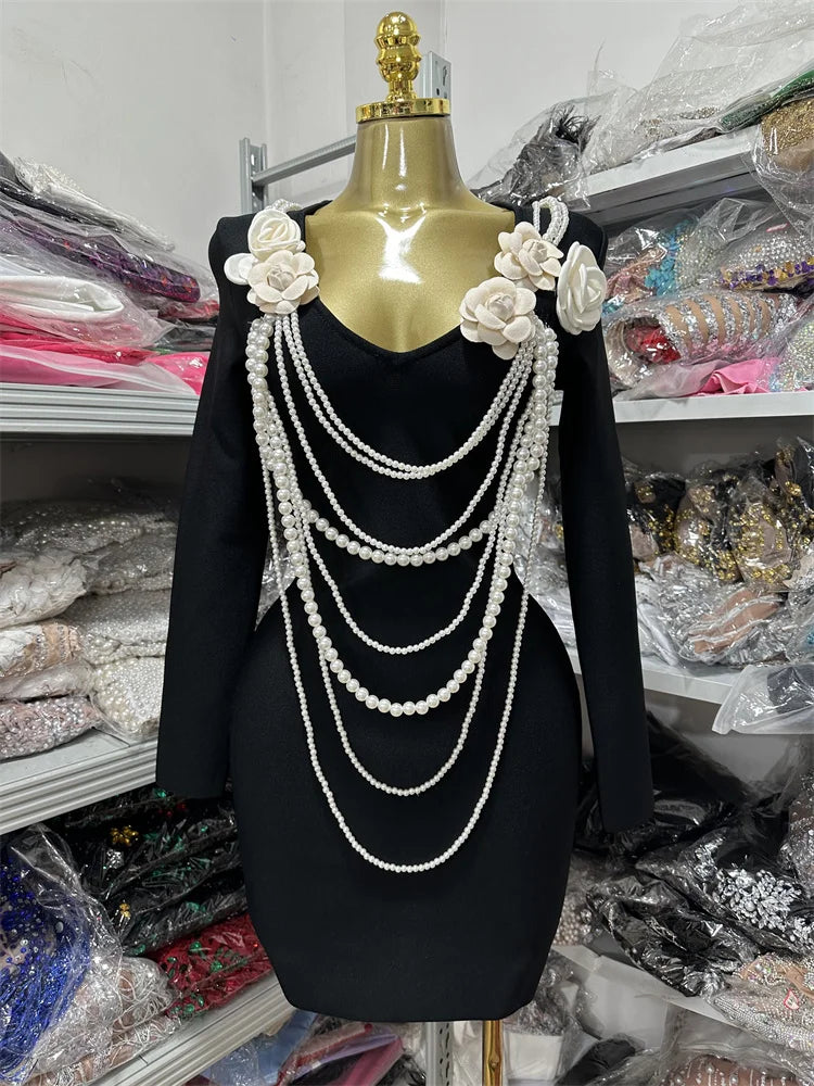 Black Color Women Long Sleeve Pearl Beading Bodycon Mini Bandage Dress Nightclub Party Celebrate Birthday Vacation Outfit