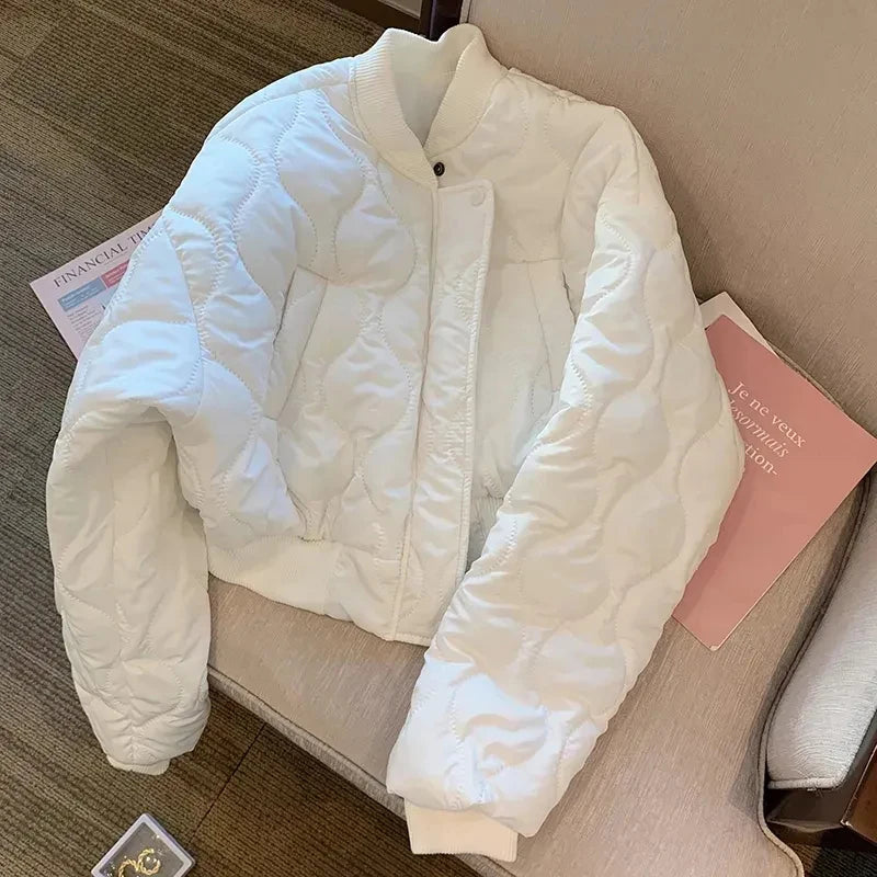 White Women Light Parkas Designed Winter Korean Slim Puffer Coat Casual O Neck Thick Cotton Padded Female Short Jacket WHITE