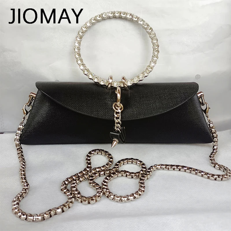 Clutch Bag Luxury Designer Handbag for Women with Chain Metal Ring Handle PU Leather Rhinestones Purses Shoulder Bag black