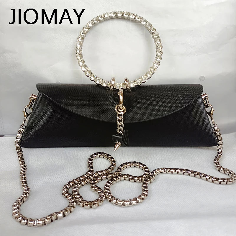 Clutch Bag Luxury Designer Handbag for Women with Chain Metal Ring Handle PU Leather Rhinestones Purses Shoulder Bag black
