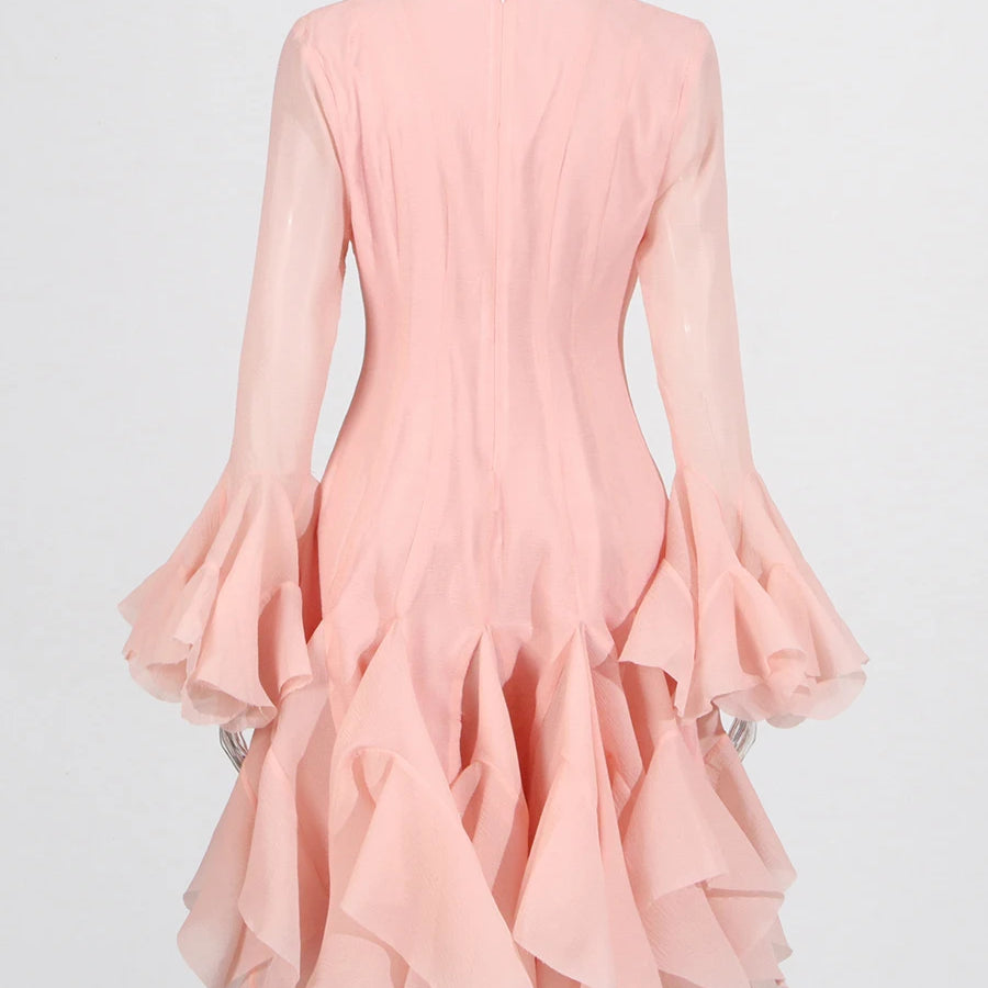 TWOTWINSTYLE Solid Spliced Button Slimming Dresses For Women O Neck Long Sleeve High Waist Patchwork Ruffles Female Fashion