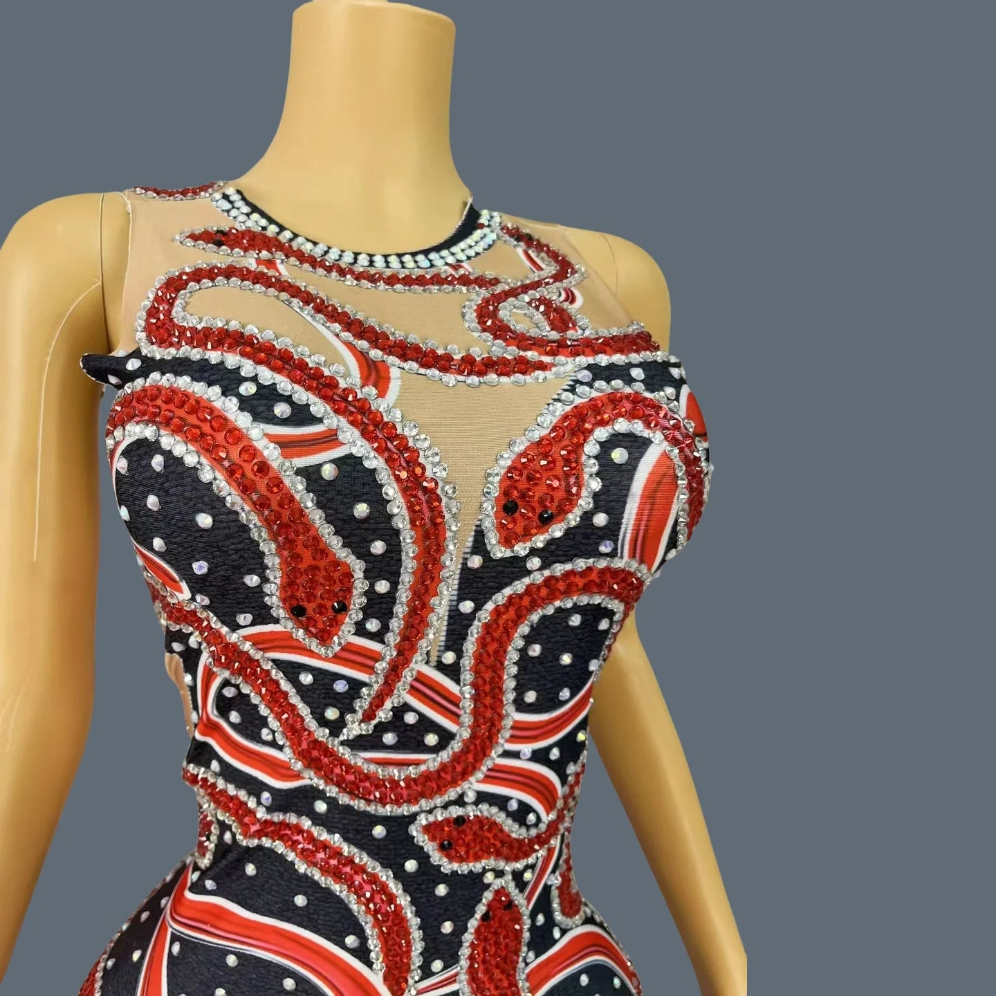 Sexy Red Snake Pattern Sparkly Rhinestone Party Maxi Dress For Women Club Show Skinny Chic Dress Event Evening Dress Hongshewu