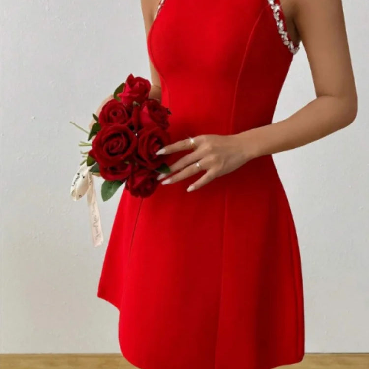 Red Black Women Sleeveless Sexy Shinning Crystal A-Line Mini Bandage Dress Celebrate Birthday Party Girls' Vacation Outfit