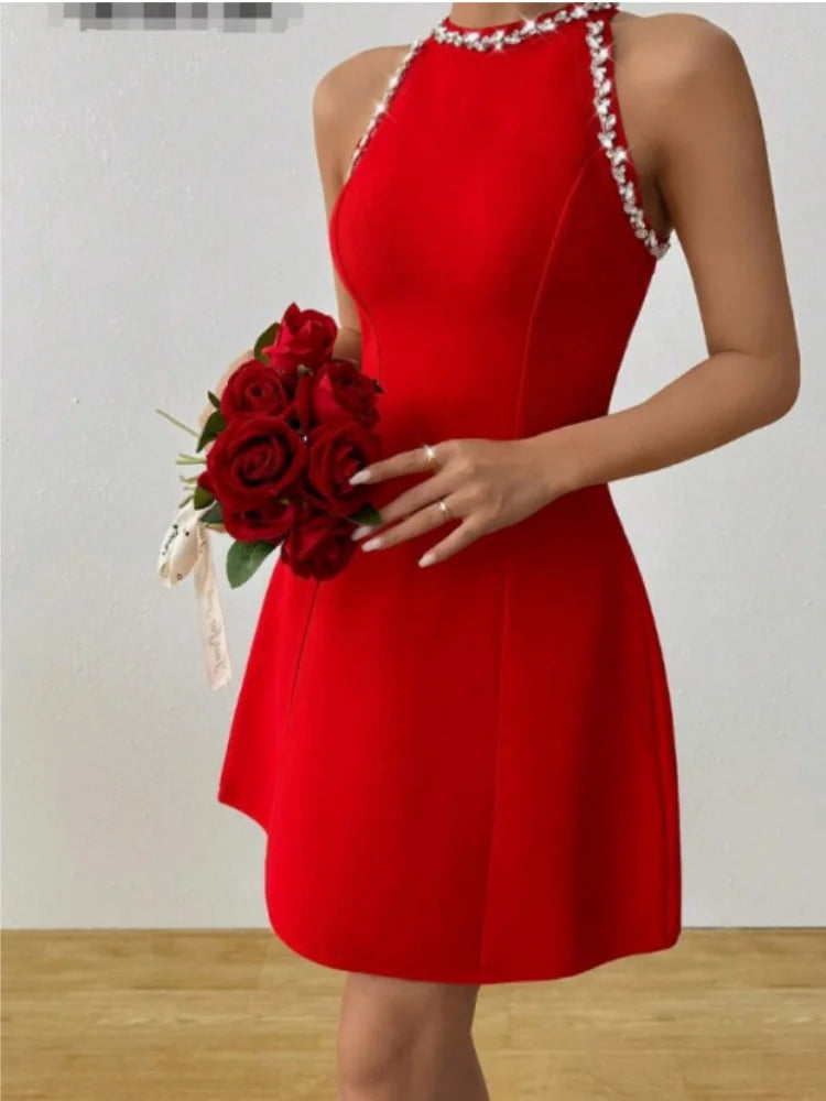 Red Black Women Sleeveless Sexy Shinning Crystal A-Line Mini Bandage Dress Celebrate Birthday Party Girls' Vacation Outfit