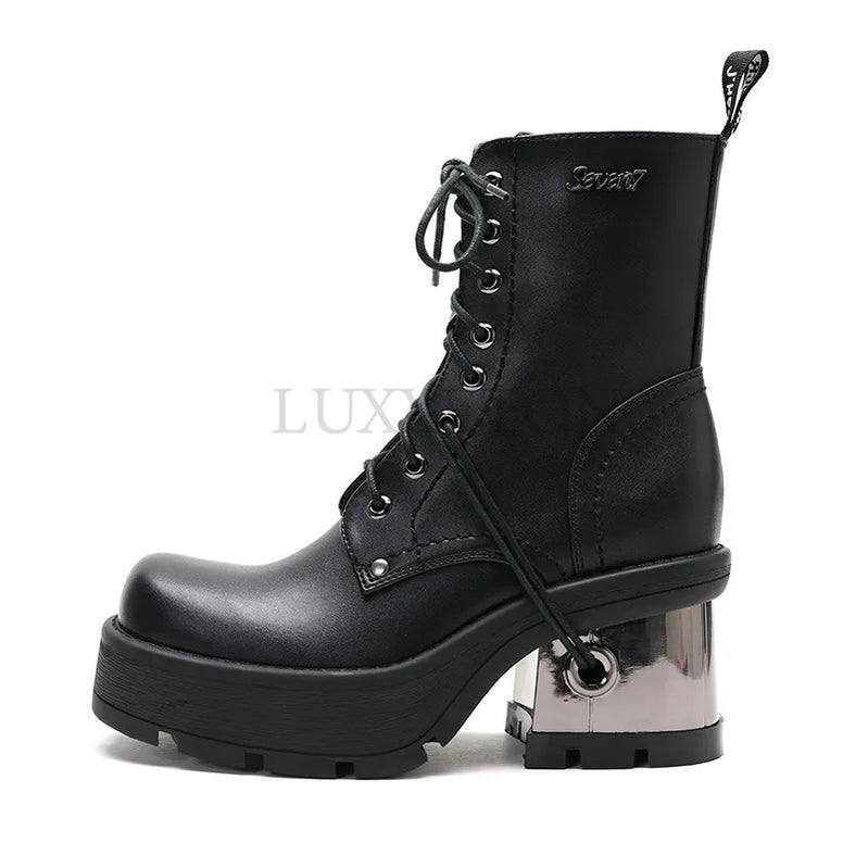 Fashion Women Boots Heavy Metal Platform and High Top Shoes for Women Punk Leather Goth Dark Biker Boots