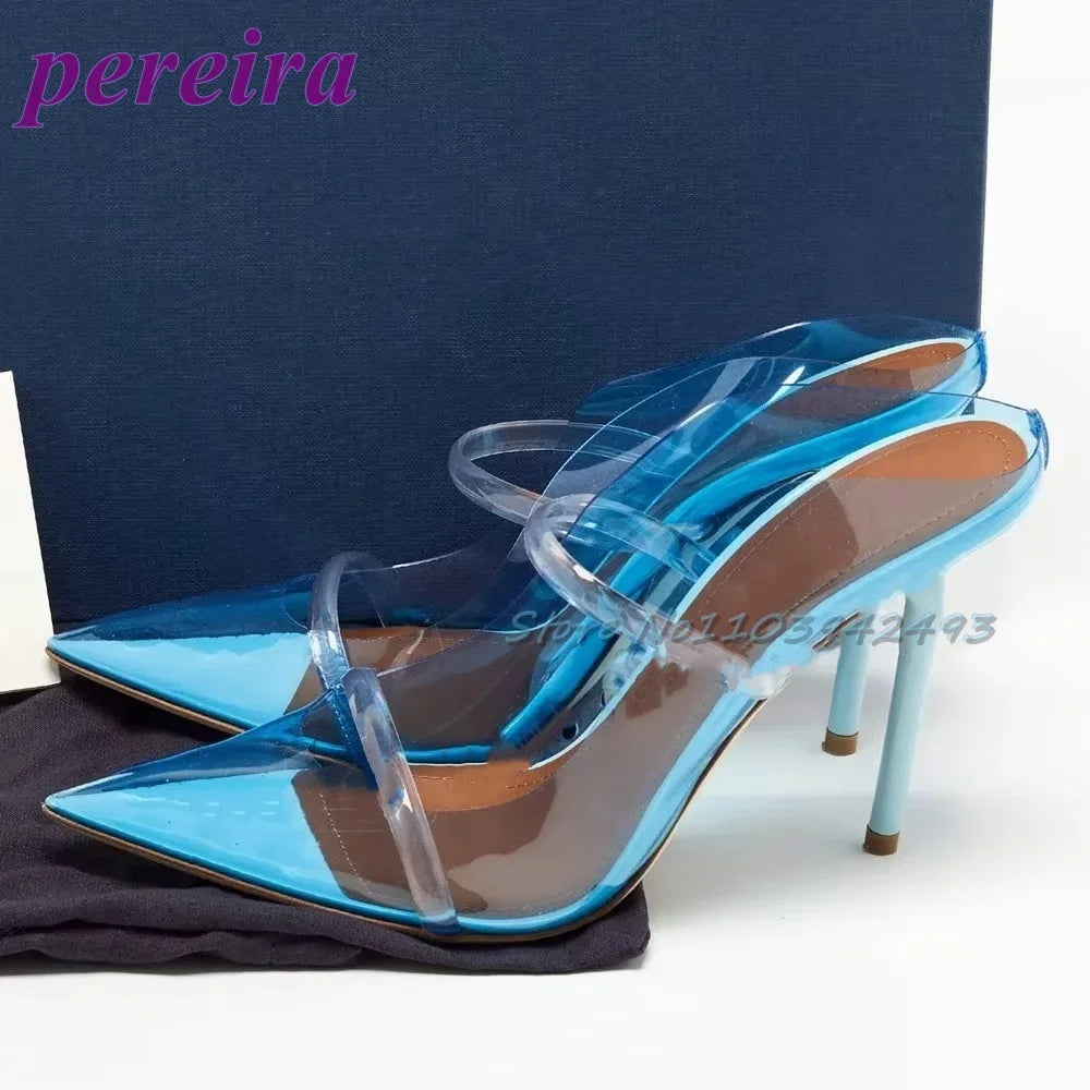 Transparent Blue PVC  Sandalias De Mujer Pointed Toe Heeld Sandals Shallow Strappy Heels Women Luxury Designer Shoes 2025 Mules