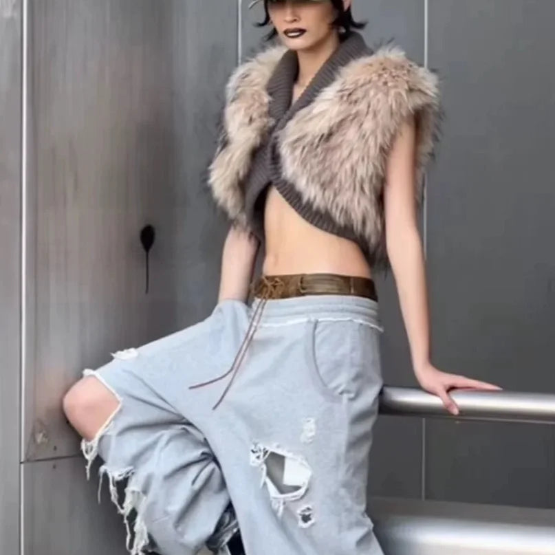 TWOTWINSTYLE Solid Slimming Fashion Tank for Women V Neck Sleeveless Patchwork Fur Luxurious Top Female Autumn Retro Style New