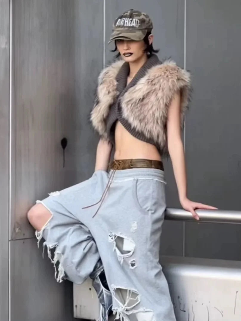 TWOTWINSTYLE Solid Slimming Fashion Tank for Women V Neck Sleeveless Patchwork Fur Luxurious Top Female Autumn Retro Style New