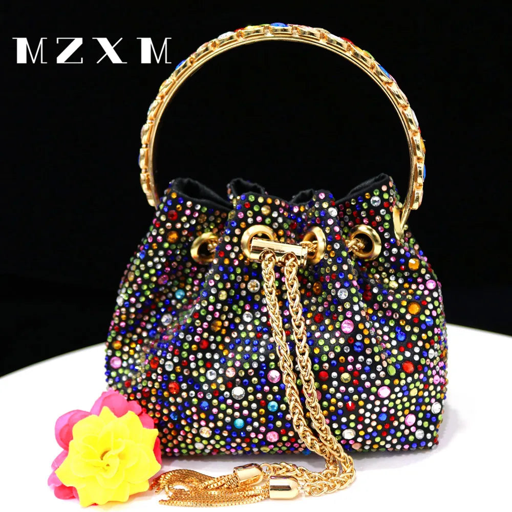 Bucket Wallet Evening Bag for Women Party and Evening Bags with Crystal Rhinestone for Party Wedding Prom Dress Chain Bag black 15x9x13cm