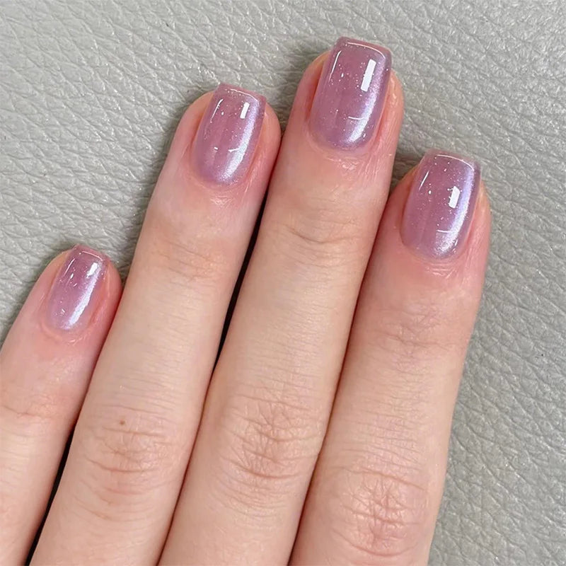 24pcs Solid Color Purple False Nails Cat's Eye Design Short Square Press on Nails Tips Simple Fake Nail Sets Wearable Manicure