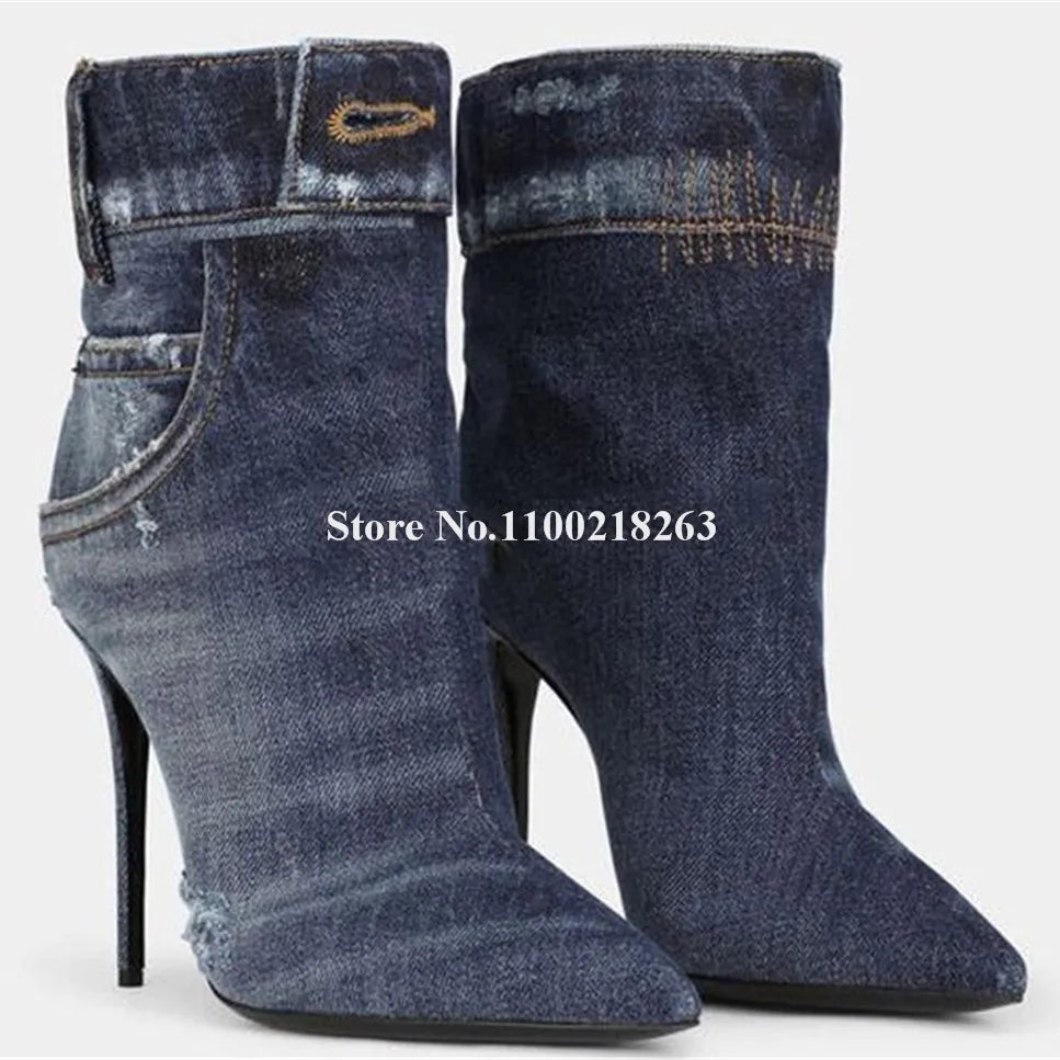 Western Fashion Blue Black Denim Short Boots Pointed Toe Sexy Slip-on Stiletto Heel Jean Ankle Booties Casual High Heels blue