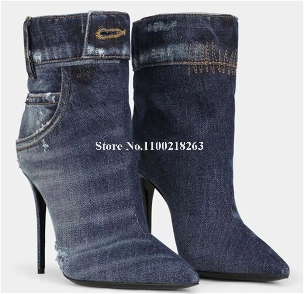 Western Fashion Blue Black Denim Short Boots Pointed Toe Sexy Slip-on Stiletto Heel Jean Ankle Booties Casual High Heels blue