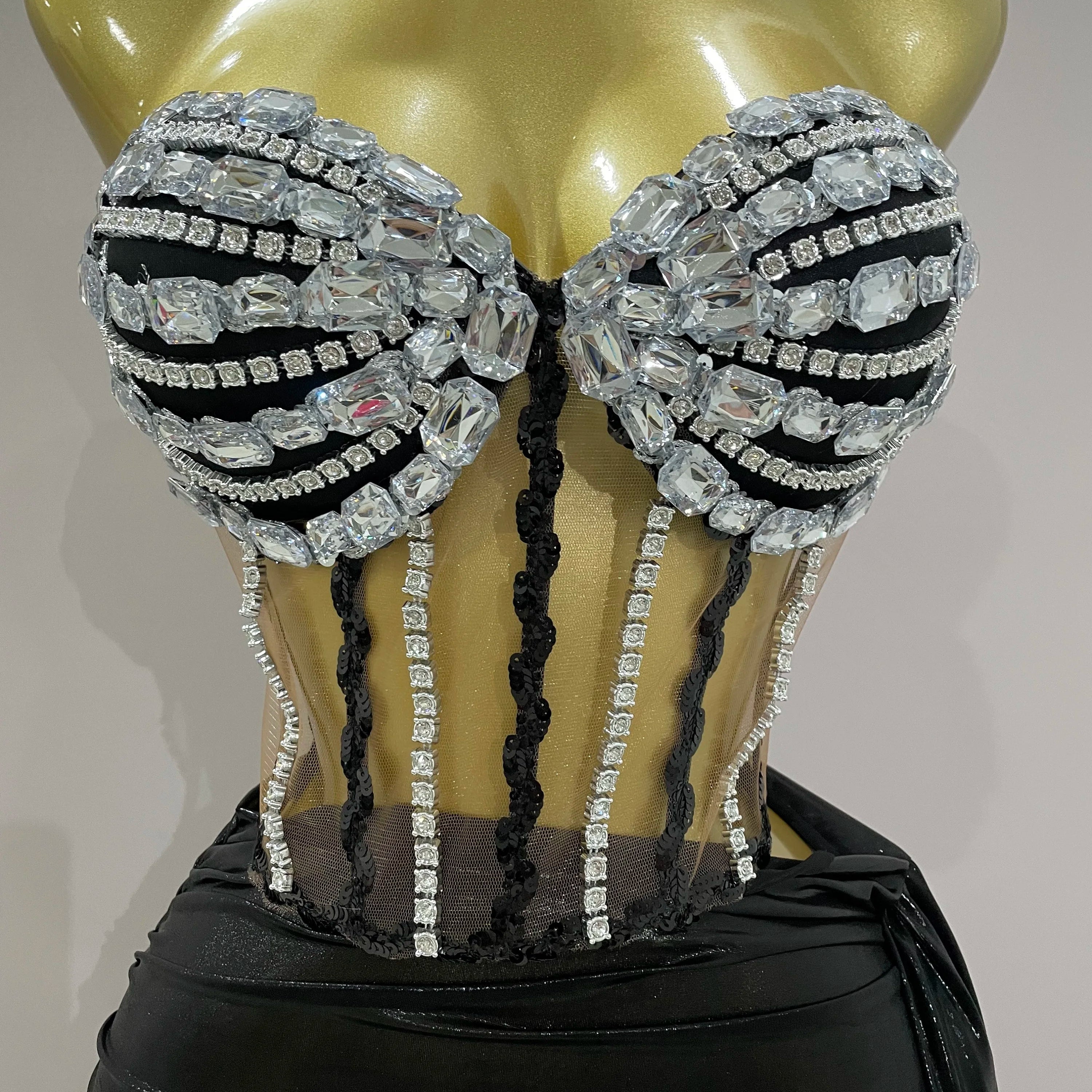 Sexy Shining Rhinestone Sequin 2 Pieces Top Skirt Set 2025 Women Celebrity Evening Party Stage Nightclub Performance Costume