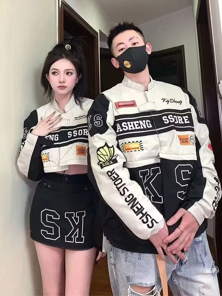 Spring Detachable Motorcycle Racing Jacket with Skirt Separation Set Women Vintage Motor Autumn Coat Korean Y2K Harajuku Clothes