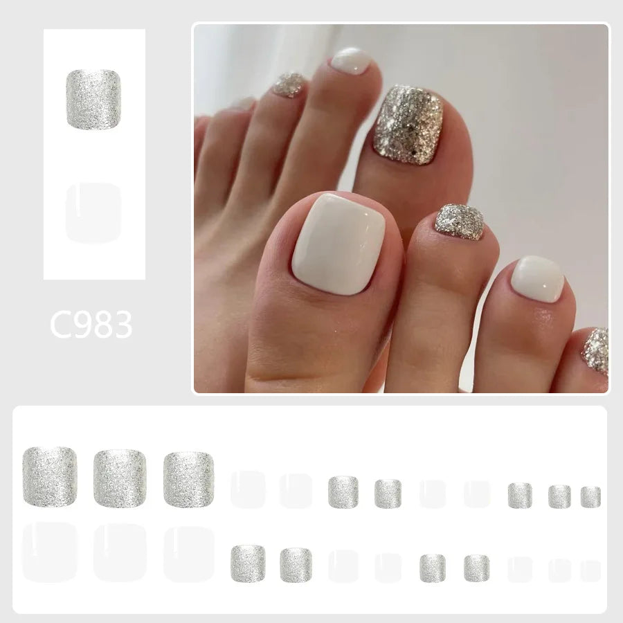 24pcs Summer Beach False Toenails Blue French Square Fake Toenails Wearable Coconut Trees Shell Print Press on Nails for Toe