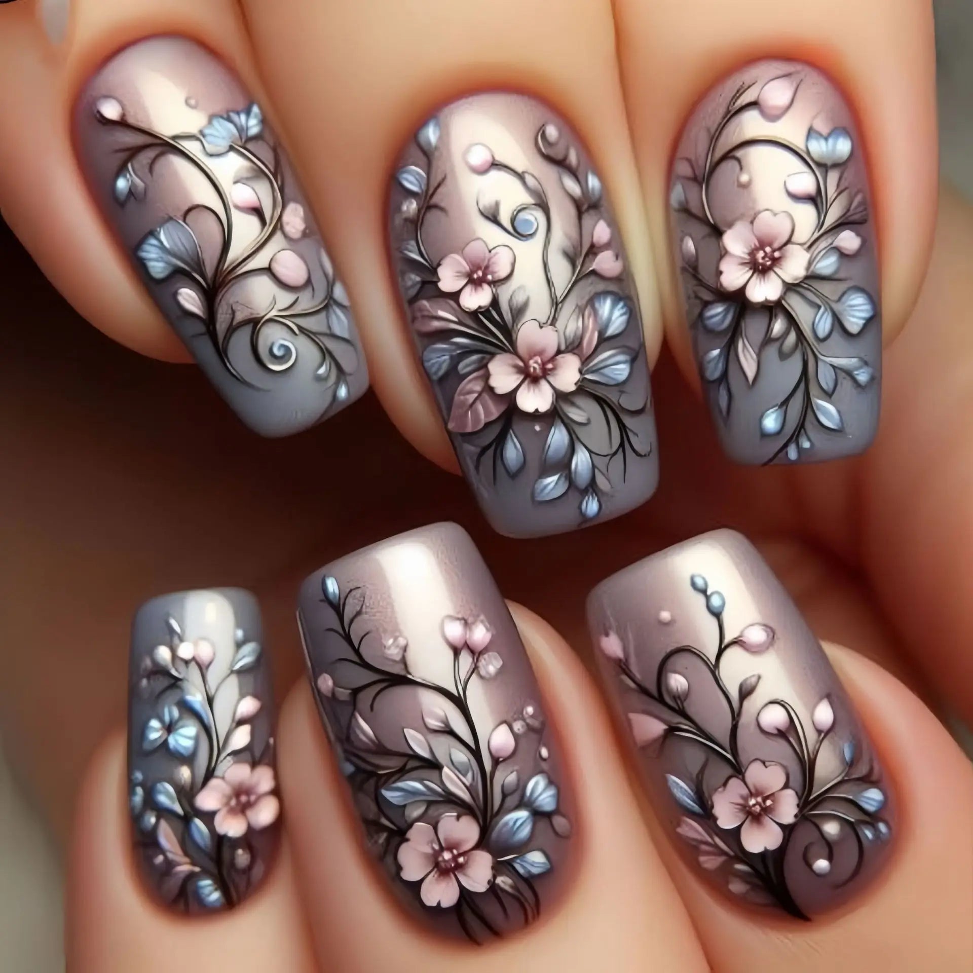 24pcs Brown False Nails Art Mid-length Ballet Fake Nail Sets Detachable Flower Design Full Cover Nail Tips Square Press on Nails