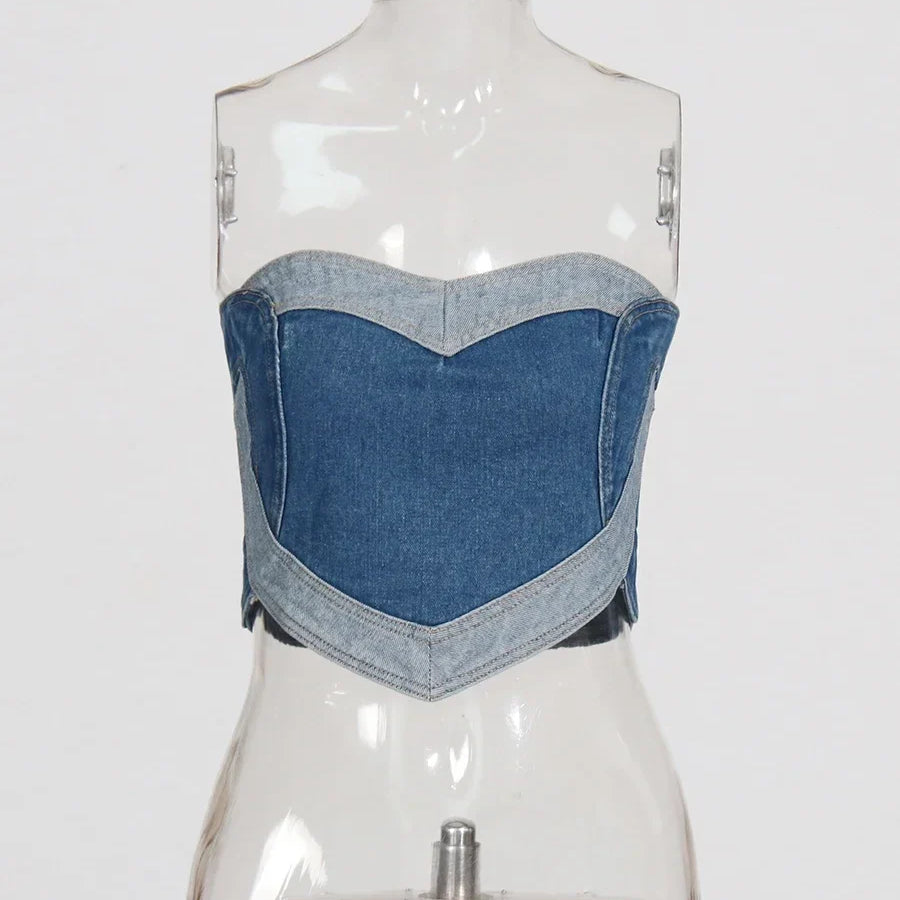 Soild Two Piece Sets for Women Straplelss Sleeveless Vest High Wiast Patchwork Hollow Out Jeans Elegant Set Female